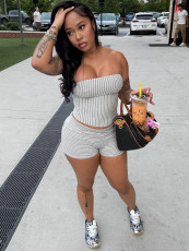 Stripe Wrap Chest Top Two Piece Shorts Set CH-26016
