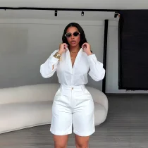 Lapel Solid Color Shirt Two Piece Short Set BMF-860