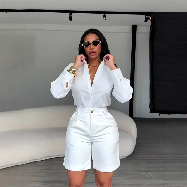 Lapel Solid Color Shirt Two Piece Short Set BMF-860