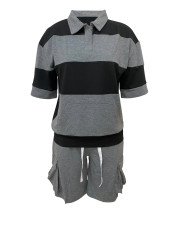 Stripe Casual Lapel Tops Sport Short 2 Piece Set LSD-2723