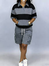 Stripe Casual Lapel Tops Sport Short 2 Piece Set LSD-2723