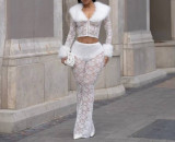 Solid Color Lace Jacquard See Through Micro Flare Pants LSD-2694