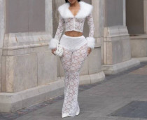 Solid Color Lace Jacquard See Through Micro Flare Pants LSD-2694