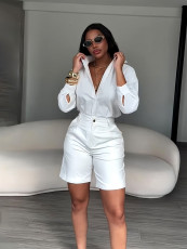 Lapel Solid Color Shirt Two Piece Short Set BMF-860