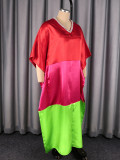 V Neck Bat Sleeve Contrast Color Satin Maxi Dress GKEN-ADR060129