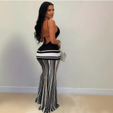 Contrast Color Sling Backless Maxi Dress LSD-2629