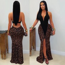 Leopard Print Patchwork Backless Maxi Dress LSD-2709