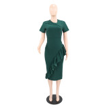 Short Sleeve Ruffles V Neck Midi Dress GYLY-11003