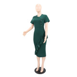 Short Sleeve Ruffles V Neck Midi Dress GYLY-11003