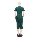 Short Sleeve Ruffles V Neck Midi Dress GYLY-11003
