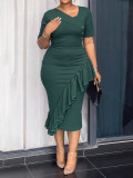 Short Sleeve Ruffles V Neck Midi Dress GYLY-11003