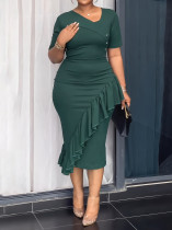 Short Sleeve Ruffles V Neck Midi Dress GYLY-11003