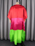 V Neck Bat Sleeve Contrast Color Satin Maxi Dress GKEN-ADR060129