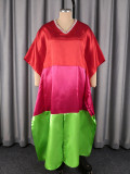 V Neck Bat Sleeve Contrast Color Satin Maxi Dress GKEN-ADR060129