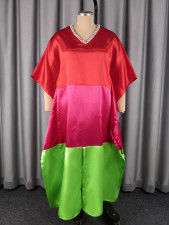 V Neck Bat Sleeve Contrast Color Satin Maxi Dress GKEN-ADR060129