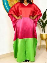 V Neck Bat Sleeve Contrast Color Satin Maxi Dress GKEN-ADR060129