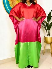 V Neck Bat Sleeve Contrast Color Satin Maxi Dress GKEN-ADR060129