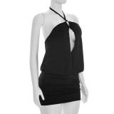 Solid Color Halterneck Hollow Out Mini Dress GDSF-D26DS099