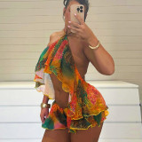 Mesh Print Ruffles Backless Top Two Piece Shorts Set GDSF-D26ST092