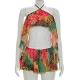 Mesh Print Ruffles Backless Top Two Piece Shorts Set GDSF-D26ST092