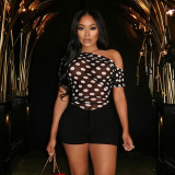 Polka Dots Print Slash Neck Mesh Bodysuit MXBF-J26BS139