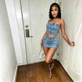 Sexy Denim Wrap Chest Top Two Piece Skirts Set MEM-88699