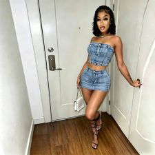 Sexy Denim Wrap Chest Top Two Piece Skirts Set MEM-88699