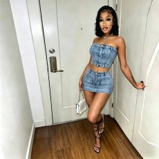 Sexy Denim Wrap Chest Top Two Piece Skirts Set MEM-88699