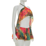Mesh Print Ruffles Backless Top Two Piece Shorts Set GDSF-D26ST092