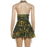 Print Halterneck Backless Vest Two Piece Skirts Set  GZJQ-K6S04954A