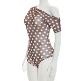 Polka Dots Print Slash Neck Mesh Bodysuit MXBF-J26BS139