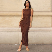 Sleeveless Solid Color Ruched Maxi Dress GWSD-ZD250717