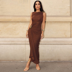 Sleeveless Solid Color Ruched Maxi Dress GWSD-ZD250717