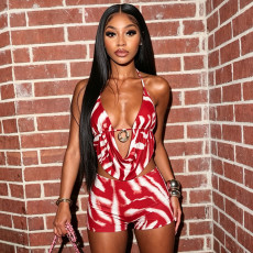 Print Halterneck Backless Two Piece Shorts Set MXBF-J26ST166
