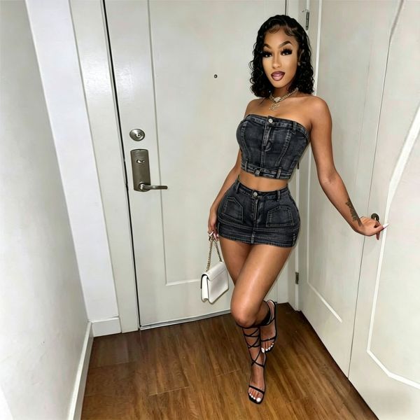 Sexy Denim Wrap Chest Top Two Piece Skirts Set MEM-88699