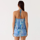 Solid Color Halterneck Hollow Out Mini Dress GDSF-D26DS099