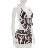 Print Halterneck Backless Two Piece Shorts Set MXBF-J26ST166