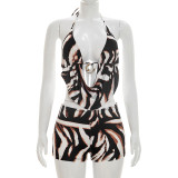 Print Halterneck Backless Two Piece Shorts Set MXBF-J26ST166