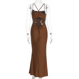 Backless Patchwork Tie Up Sling Maxi Dress GWSD-D4215601G