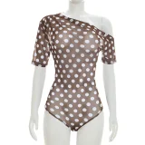 Polka Dots Print Slash Neck Mesh Bodysuit MXBF-J26BS139