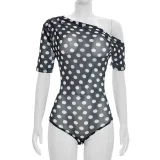 Polka Dots Print Slash Neck Mesh Bodysuit MXBF-J26BS139