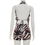 Print Halterneck Backless Two Piece Shorts Set MXBF-J26ST168