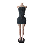 Sexy Denim Wrap Chest Top Two Piece Skirts Set MEM-88699