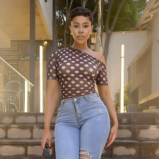 Polka Dots Print Slash Neck Mesh Bodysuit MXBF-J26BS139