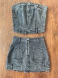 Sexy Denim Wrap Chest Top Two Piece Skirts Set MEM-88699