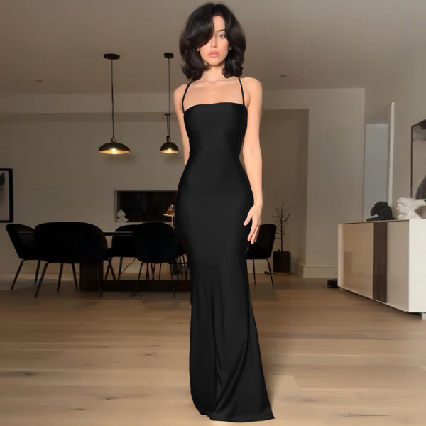 Backless Patchwork Tie Up Sling Maxi Dress GWSD-D4215601G