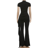 Solid Color Short Sleeve Tops Two Piece Pants Set GZJQ-K6S07020A