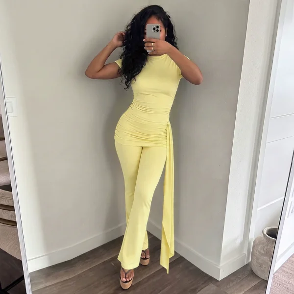 Solid Color Short Sleeve Tops Two Piece Pants Set GZJQ-K6S07020A