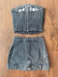 Sexy Denim Wrap Chest Top Two Piece Skirts Set MEM-88699