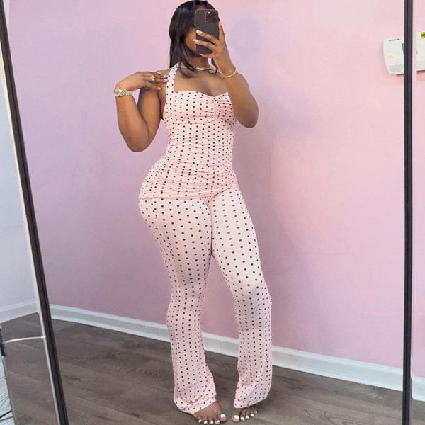 Polka Dots Print Halterneck Two Piece Pants Set GZJQ-K6S06706A
